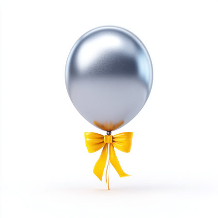 A stunning metallic silver balloon with a vibrant yellow ribbon bow, set in a minimalist style, perfect for enhancing any celebration or party atmosphere.の素材