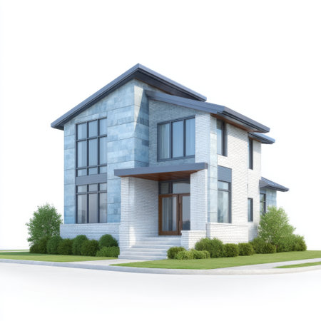 Contemporary two-story home featuring stylish architecture, large windows, and a charming front yard with greenery. Ideal for modern living and residential settings.の素材