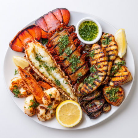A beautifully arranged grilled seafood platter featuring lobster, shrimp, and octopus, garnished with fresh herbs and lemon. Perfect for seafood lovers!の素材