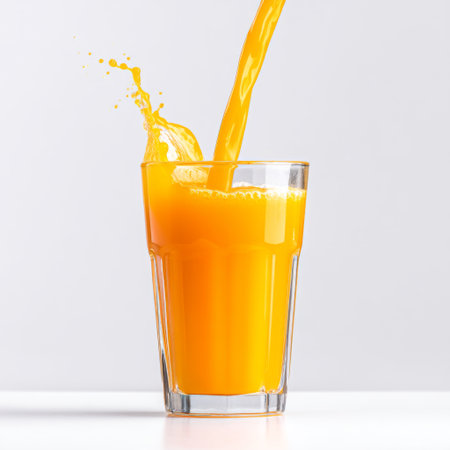 A refreshing glass of vibrant orange juice is being poured, creating a lively splash. This image captures the essence of a healthy drink, perfect for bright mornings.の素材