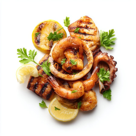 A vibrant grilled seafood platter showcasing shrimp, fish, octopus, and char-grilled lemon, garnished with fresh parsley for a gourmet dining experience.の素材