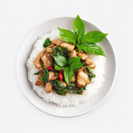 A mouthwatering chicken stir-fry featuring fresh basil and red chili, served over fluffy steamed rice in a minimalist white bowl, ideal for culinary inspiration.の素材