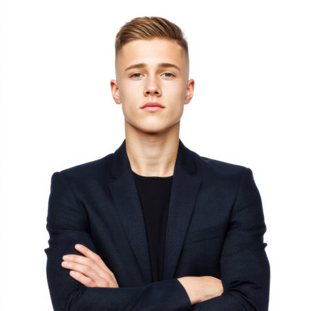 This image features a confident young businessman in a formal suit, striking a serious pose with arms crossed against a white background, perfect for conveying professionalism.の素材