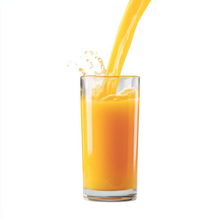 A vibrant, freshly poured orange juice fills a clear glass while splashing, offering a refreshing look perfect for breakfast or a summer gathering.の素材