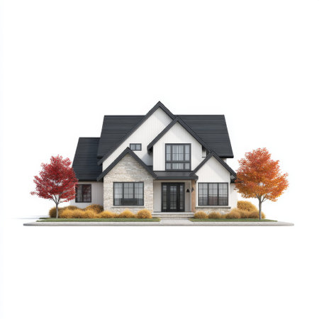 A modern suburban house featuring a stylish stone facade and surrounded by colorful autumn trees. This inviting home offers an ideal family environment.の素材