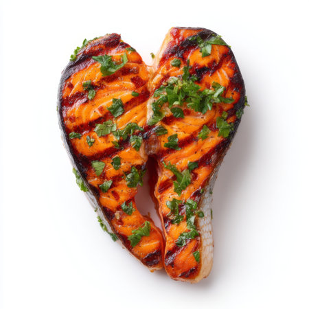 Grilled salmon steak prepared with herbs showcases a vibrant presentation perfect for culinary uses. Ideal for healthy eating themes and recipes.の素材