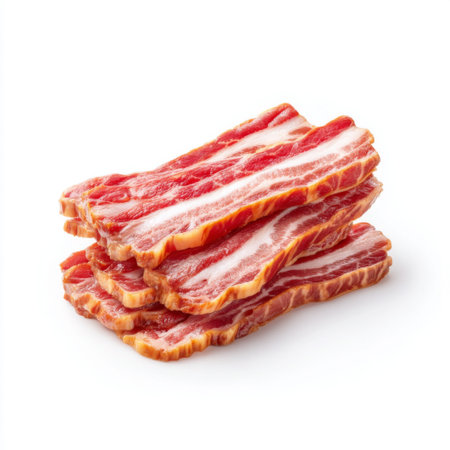 This image showcases a stack of fresh raw bacon strips, highlighting their marbled texture and colorful appearance, perfect for culinary inspiration or recipe designs.の素材