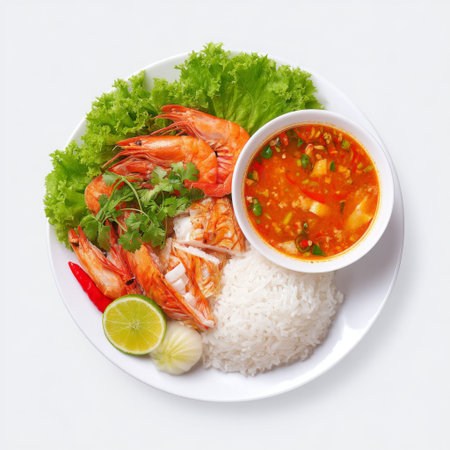 A vibrant plate featuring succulent shrimp served alongside fluffy white rice and a steaming spicy soup, garnished with fresh herbs and lime.の素材