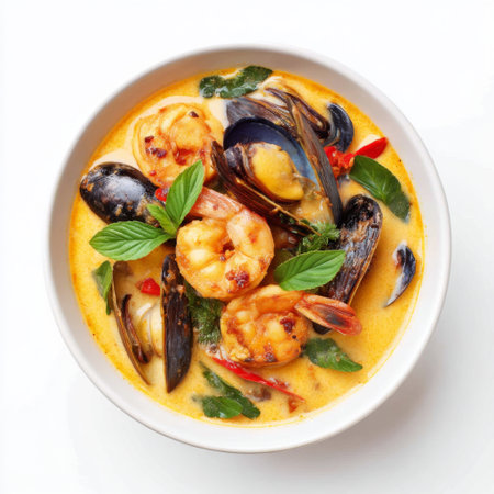 Experience a vibrant seafood dish featuring succulent shrimp and mussels in a rich coconut broth, garnished with fresh herbs and spices.の素材