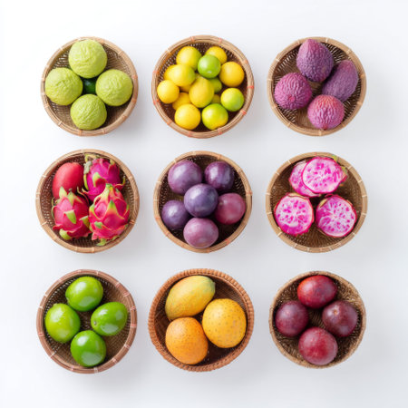 This vibrant collection features an assortment of tropical fruits elegantly arranged in bamboo baskets against a clean white background. Ideal for showcasing fresh produce and healthy eating.の素材