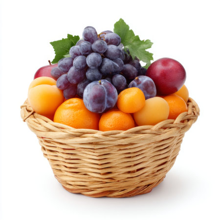 A beautifully arranged fruit basket showcasing an assortment of vibrant fruits, including grapes, plums, and citrus. Perfect for healthful eating.の素材