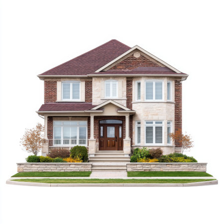 This exquisite two-story suburban home features a charming brick facade, elegant entrance, and lush landscaping, ideal for family life and comfort.の素材