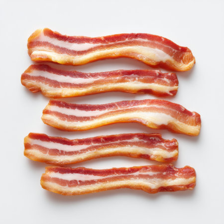 This image showcases fresh uncooked strips of bacon perfectly arranged on a clean white background, ideal for culinary displays, recipes, and food presentations.の素材