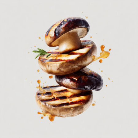 This image features a visually stunning composition of stacked grilled mushrooms with olive oil droplets, emphasizing a modern culinary aesthetic perfect for food lovers.の素材