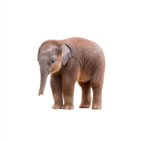 This delightful image captures a baby elephant standing proudly against a pristine white background. Its curious expression and playful stance evoke feelings of innocence and joy.の素材