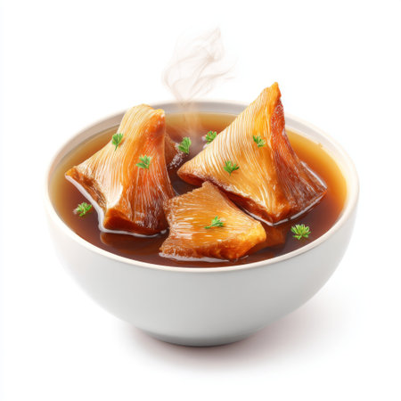 A beautifully presented steaming bowl of rich broth features tender gelatinous dumplings and is garnished with fresh herbs, creating a comforting dish.の素材