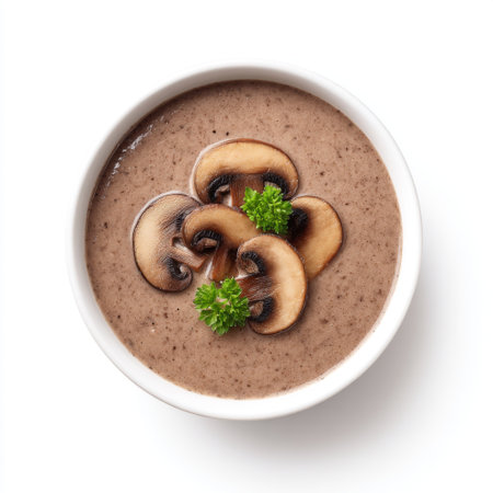 A delicious bowl of creamy mushroom soup garnished with fresh parsley. This warm and inviting dish is perfect for a cozy meal or appetizer.の素材