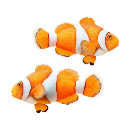 Two vibrant clownfish swim gracefully through a colorful ocean habitat, showcasing the beauty and diversity of tropical marine life in stunning detail.の素材