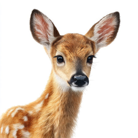 This enchanting portrait captures a young fawn with large eyes and delicate features. The soft fur and charming expression embody the beauty of wildlife in its natural habitat.の素材