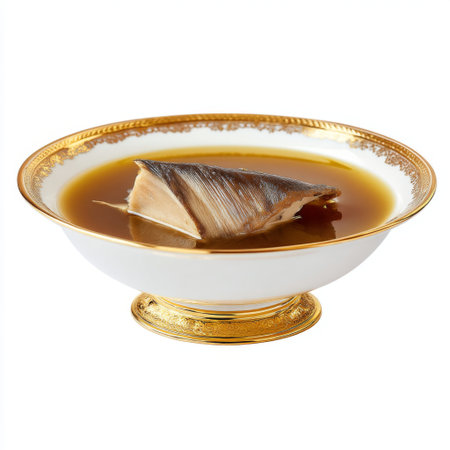 A sophisticated gourmet dish featuring tender fish in a rich broth, served in an exquisite porcelain bowl with a golden edge. Perfect for upscale dining.の素材