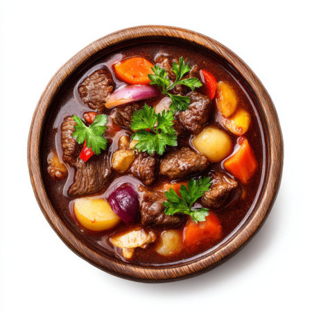 A warm and nourishing beef stew featuring tender meat and vibrant vegetables, garnished with fresh herbs, presented in a rustic wooden bowl.の素材