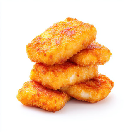 A close-up image of golden, crispy chicken nuggets stacked neatly on a white background, ideal for food lovers and culinary enthusiasts looking for tasty snack ideas.の素材