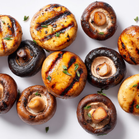 This vibrant image showcases perfectly grilled vegetables and mushrooms on a clean white background, emphasizing healthy cooking and summer barbecues.の素材
