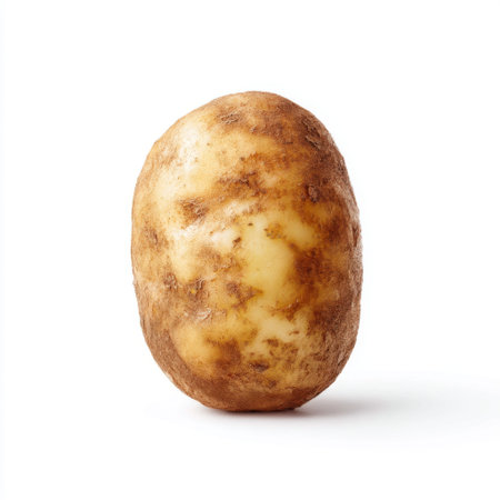 This image features a single fresh brown potato standing alone on a clean white background, perfect for culinary projects, food blogs, and healthy eating concepts.の素材