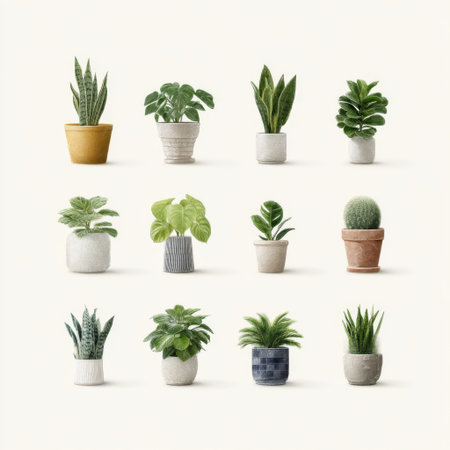 A visually appealing collection of twelve indoor plants in various stylish pots on a soft beige background. Perfect for home decor ideas and gardening inspiration.の素材
