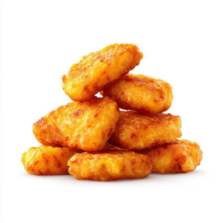 A stack of crispy golden fried chicken nuggets on a clean white background, perfect for showcasing tasty fast food or snack options. Ideal for menus.の素材