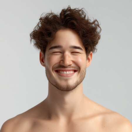 A young man with curly hair exuding joy and positivity through his warm smile, set against a simple light backdrop. This portrait captures the essence of happiness and charm.の素材