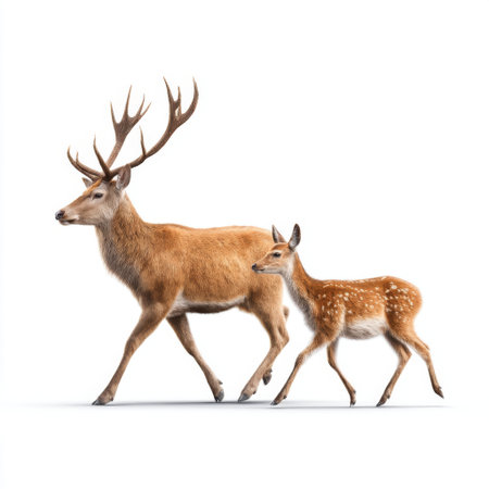 A stunning depiction of a male deer and its young fawn walking elegantly together. This image captures the essence of wildlife in a peaceful setting with a clean white background.の素材