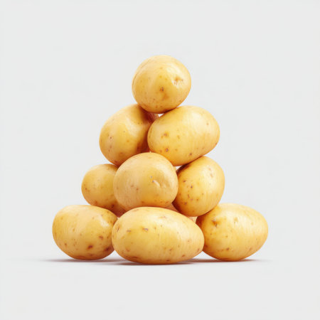 A pyramid of fresh raw yellow potatoes stacked gracefully against a clean white background, showcasing their smooth texture and natural shape, ideal for culinary uses.の素材