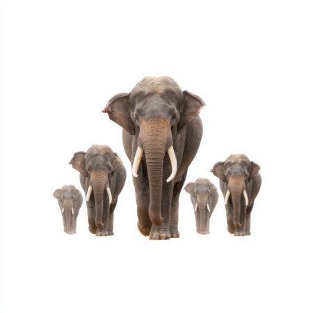 A captivating image of a group of elephants walking in formation, showcasing their strength and beauty. Ideal for themes of wildlife conservation and nature.の素材