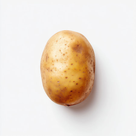 This image features a single raw potato with a rustic earthy skin and smooth texture on a white background, showcasing its natural simplicity and perfect for culinary or agricultural themes.の素材