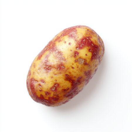 A vibrant and textured red and yellow potato sits alone on a white background, showcasing its natural beauty and culinary versatility for various dishes.の素材