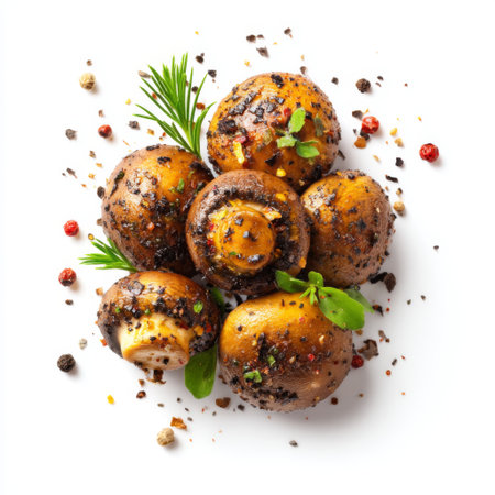 A stunning arrangement of fresh brown mushrooms seasoned with herbs and spices on a clean white background, perfect for culinary use and food enthusiasts.の素材