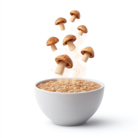A visually appealing image of a bowl of creamy oatmeal with floating mushrooms above, creating a warm, inviting atmosphere perfect for wholesome breakfast ideas.の素材