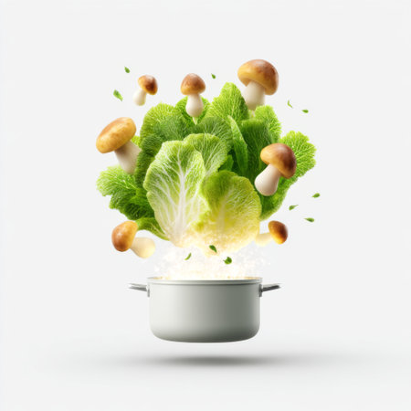A visually striking image depicting fresh lettuce and mushrooms bursting from a white cooking pot, perfect for conveying vibrant food preparation and healthy recipes.の素材