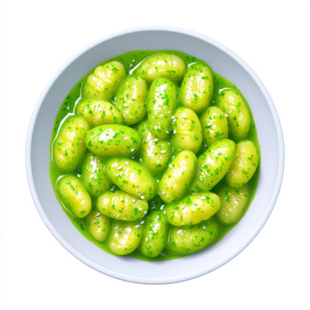 A vibrant bowl of fresh green gnocchi coated in herb sauce, showcasing a delightful blend of flavors, ideal for culinary inspiration and healthy recipes.の素材