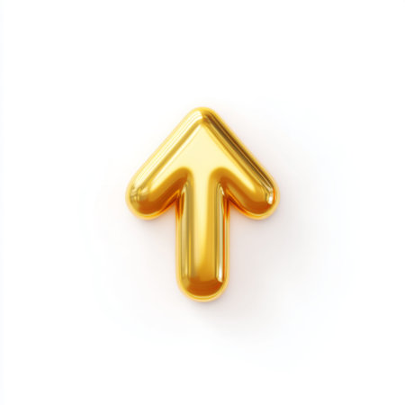 This image features a shiny golden arrow icon symbolizing direction and progress. Its minimalist design against a white background enhances its visual appeal, making it suitable for various creative projects.の素材