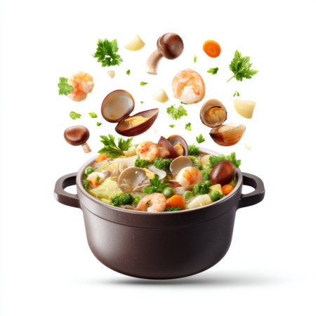 A captivating image of colorful vegetables and seafood, such as shrimp and mushrooms, floating above a black pot ready for a delicious soup.の素材