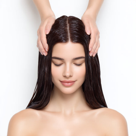 A serene young woman enjoys a relaxing hair treatment at a luxury spa. She experiences the soothing touch of a specialist while closing her eyes, embodying tranquility and self-care.の素材