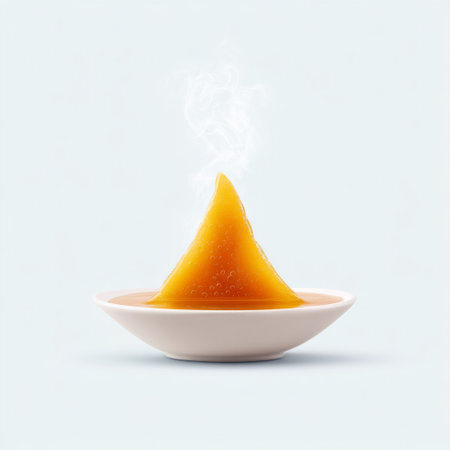 This captivating image showcases a steaming cone-shaped dessert presented in a simple white bowl. The vibrant orange hue and enticing steam invite viewers to enjoy this delicious treat.の素材
