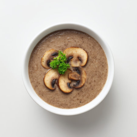 A delicious bowl of creamy mushroom soup garnished with sliced mushrooms and fresh parsley, perfect for a comforting and nutritious meal.の素材