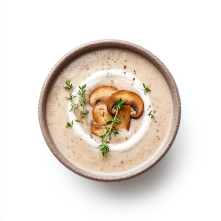 A beautifully presented creamy mushroom soup garnished with thyme and sliced mushrooms in a rustic bowl, perfect for enhancing any dining experience.の素材