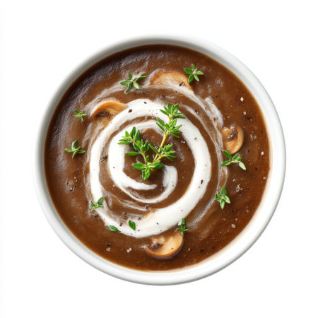 A deliciously creamy mushroom soup presented in a stylish white bowl, garnished with a swirl of sour cream and fresh thyme, perfect for cozy meals.の素材