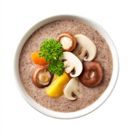 A delightful creamy mushroom soup featuring fresh vegetables and herbs, presented beautifully in a white bowl. Perfect for cozy meals!の素材