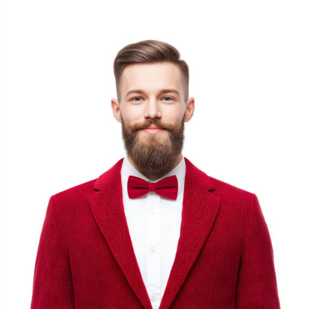 This image showcases a stylish man with a well-groomed beard wearing a red tuxedo jacket and bow tie. The sophisticated look embodies elegance and confidence.の素材