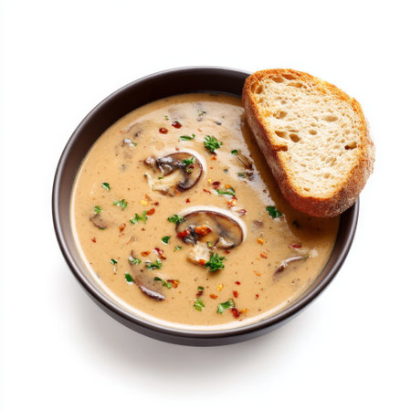 A delicious bowl of creamy mushroom soup garnished with herbs, accompanied by a slice of freshly baked bread, perfect for a comforting meal.の素材
